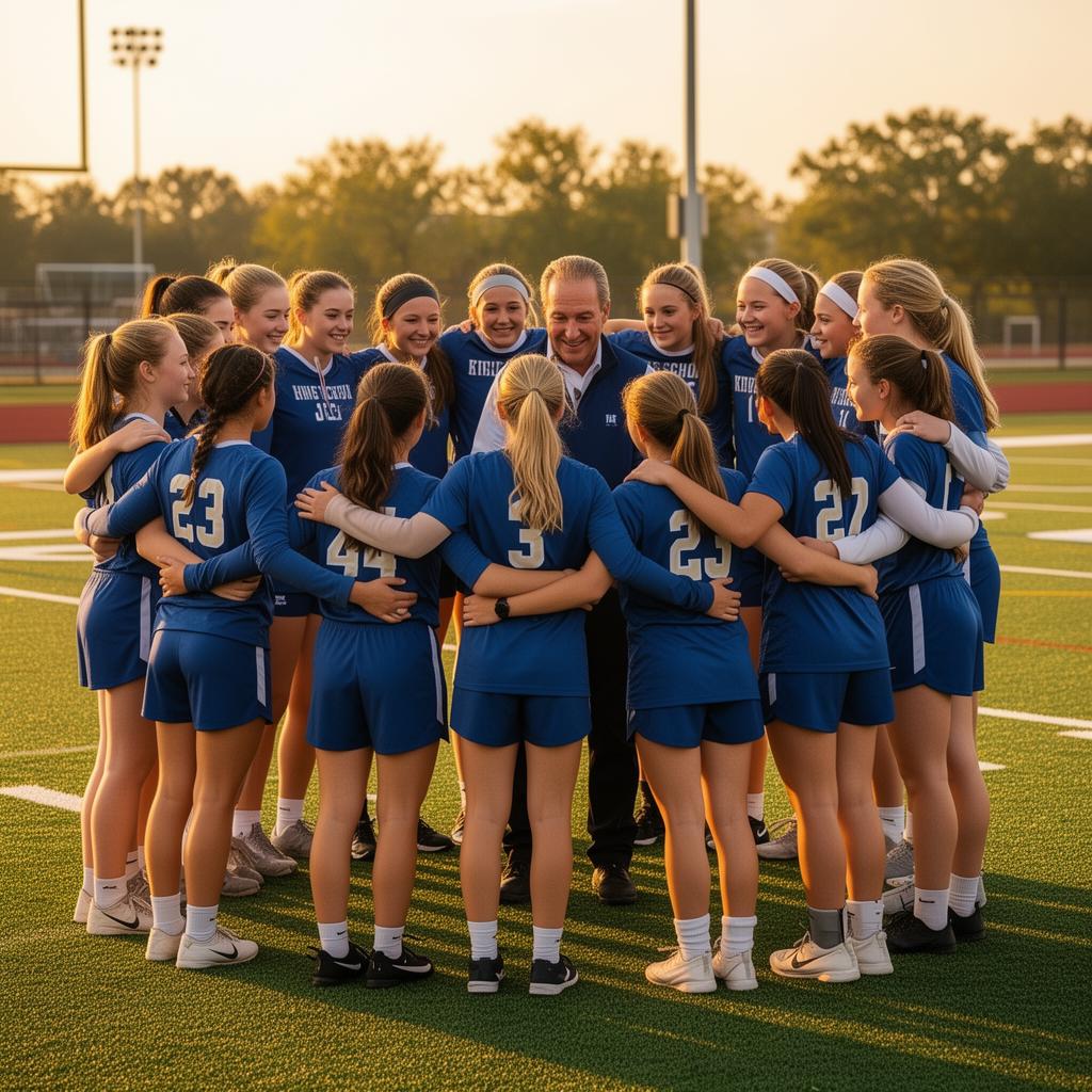 Team huddle on the field with a coach